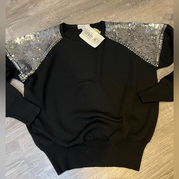 Ladies Black Wool Sweater with Sequin Shoulders - Picture 1 of 6